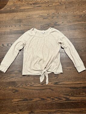nine britton Beige Tie-Front Ribbed Long-Sleeve Top